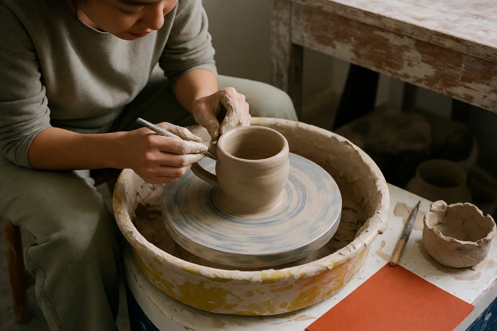 ساخت ماگ سفالی روی چرخ سفالگری.