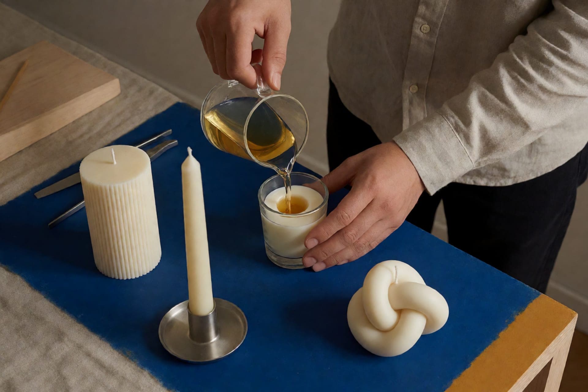 A maker pouring wax beside four distinct candle styles.