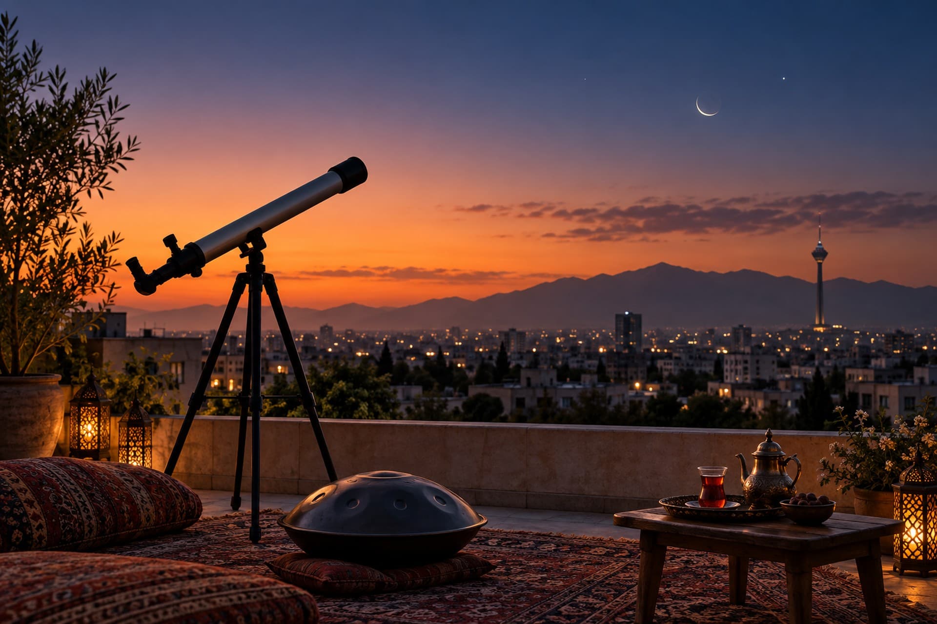 تلسکوپی روی پشت‌بام در آسمان گرگ‌ومیش برای رصد ماه نو