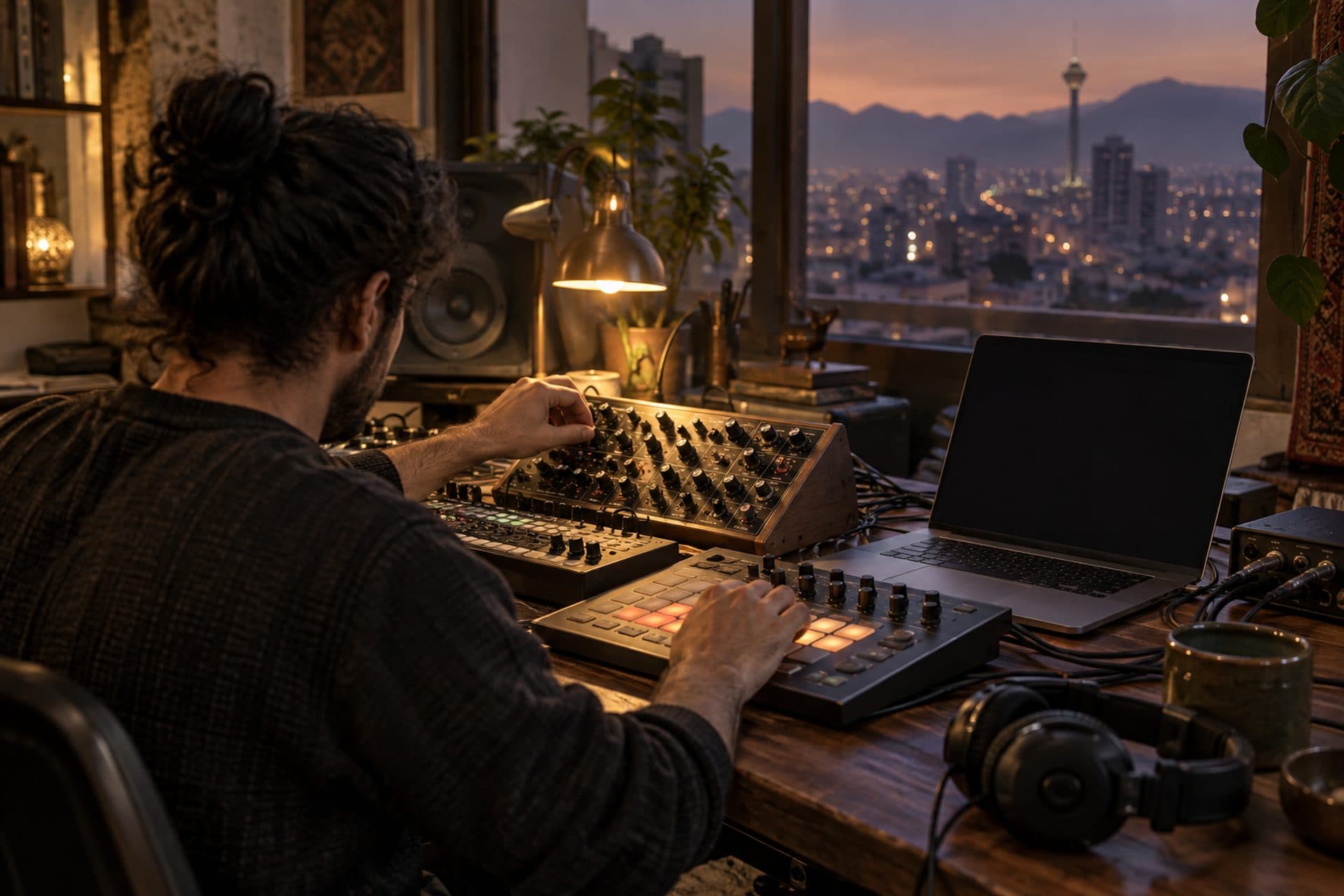 A person adjusting music-production equipment in a workshop space overlooking Tehran