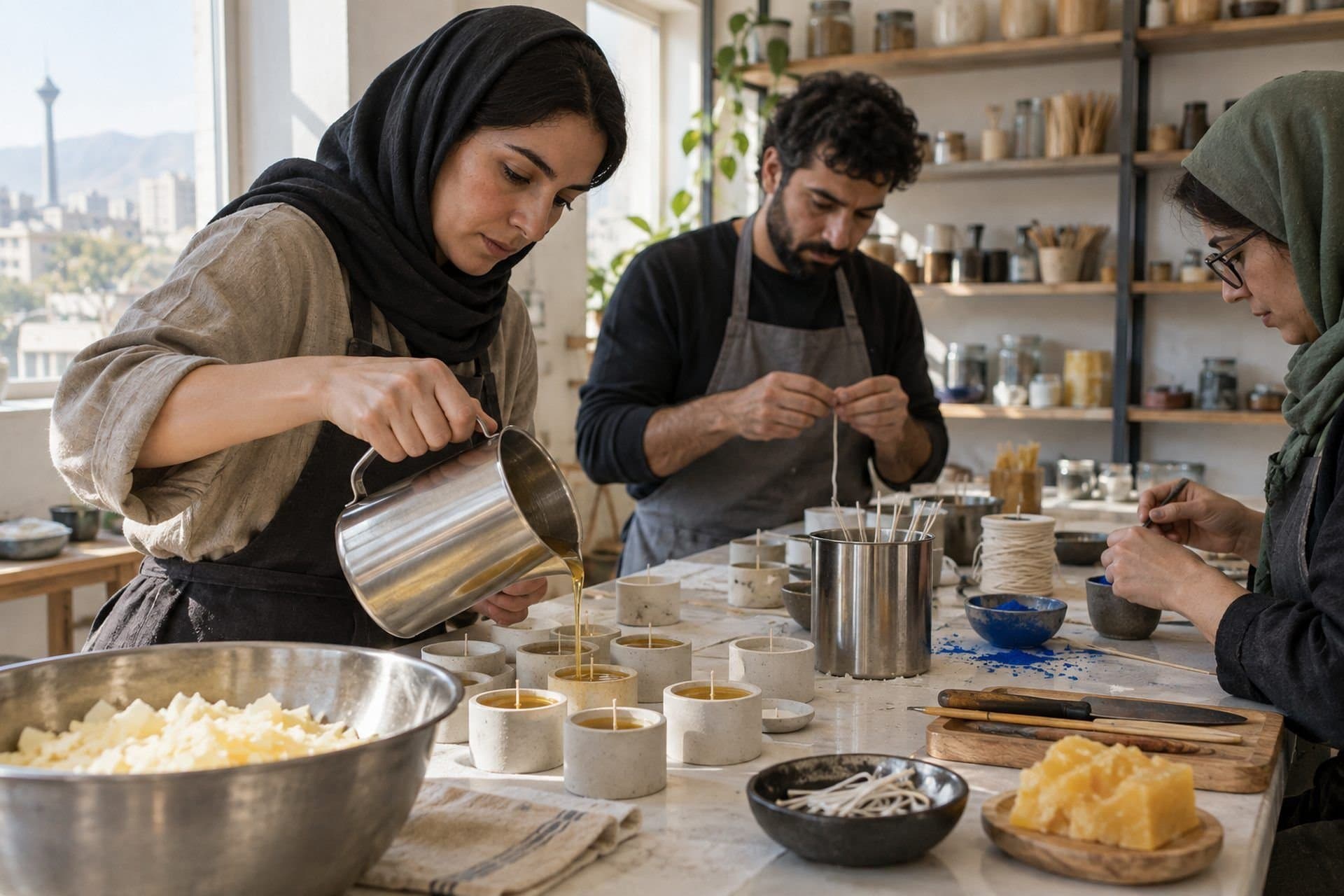شرکت‌کنندگان در حال ساخت شمع در فضای کارگاهی