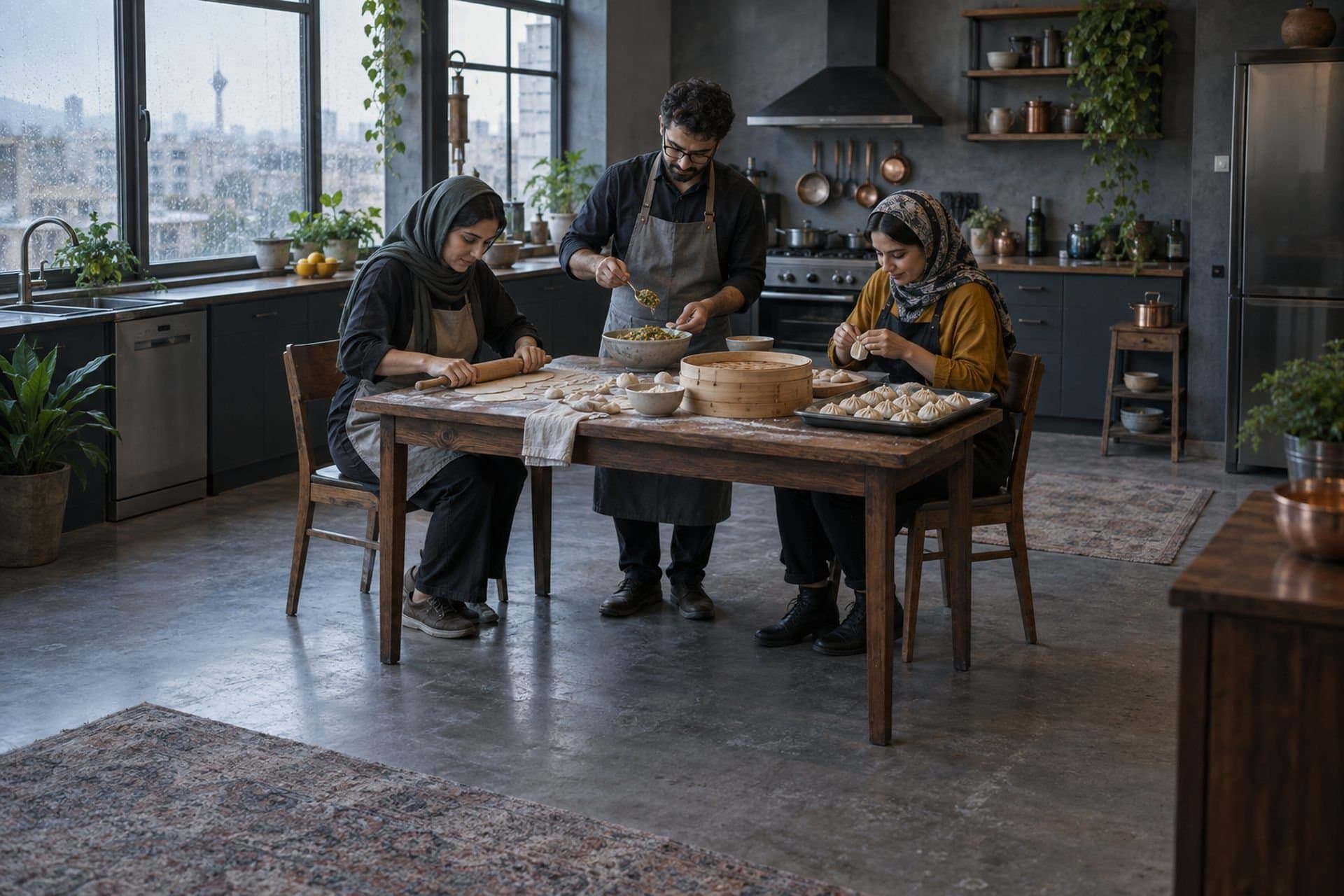 شرکت‌کنندگان در حال آماده‌سازی و پیچیدن دامپلینگ در آشپزخانه