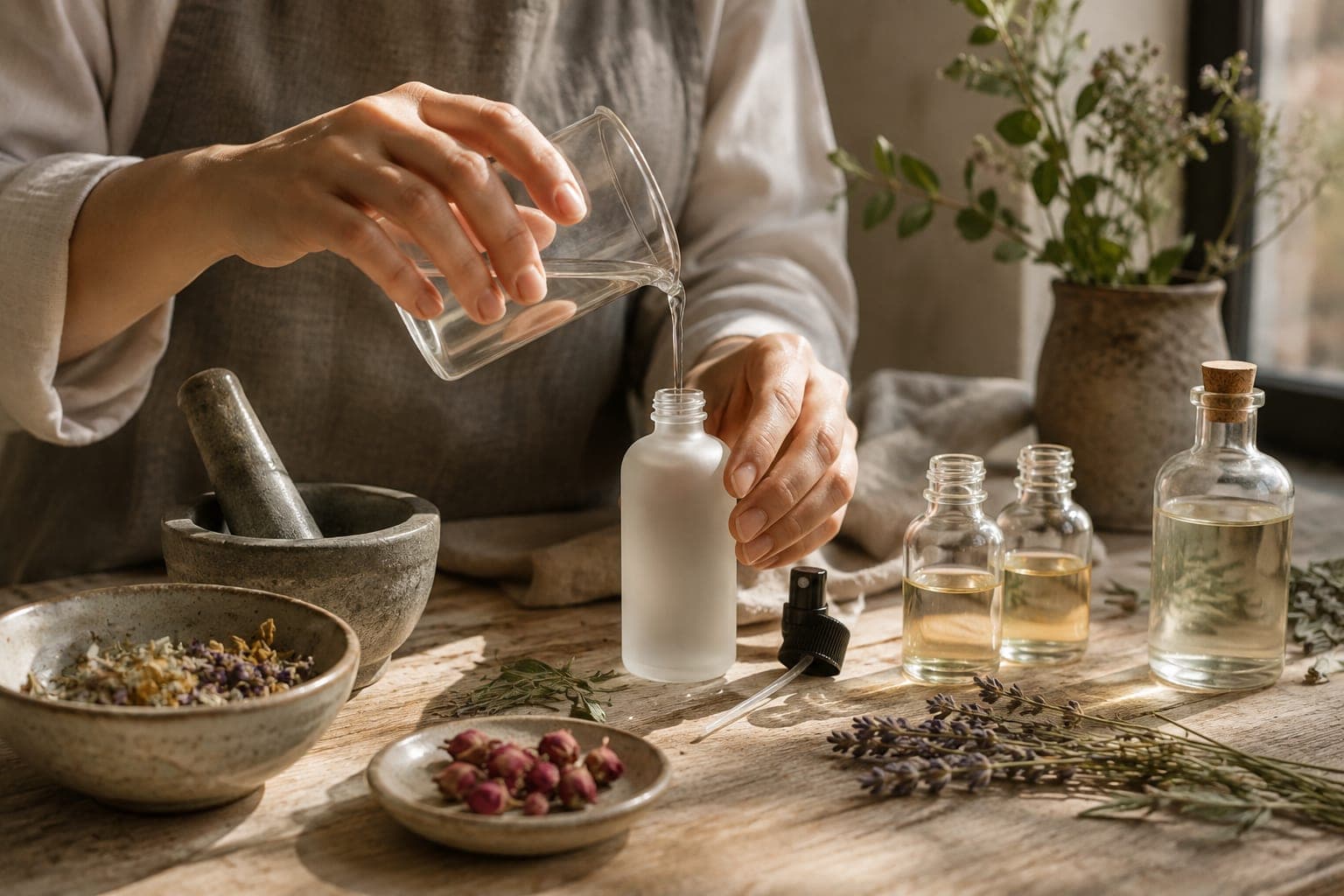 ریختن بادی اسپلش در شیشه مات، کنار گل های خشک و اسانس ها