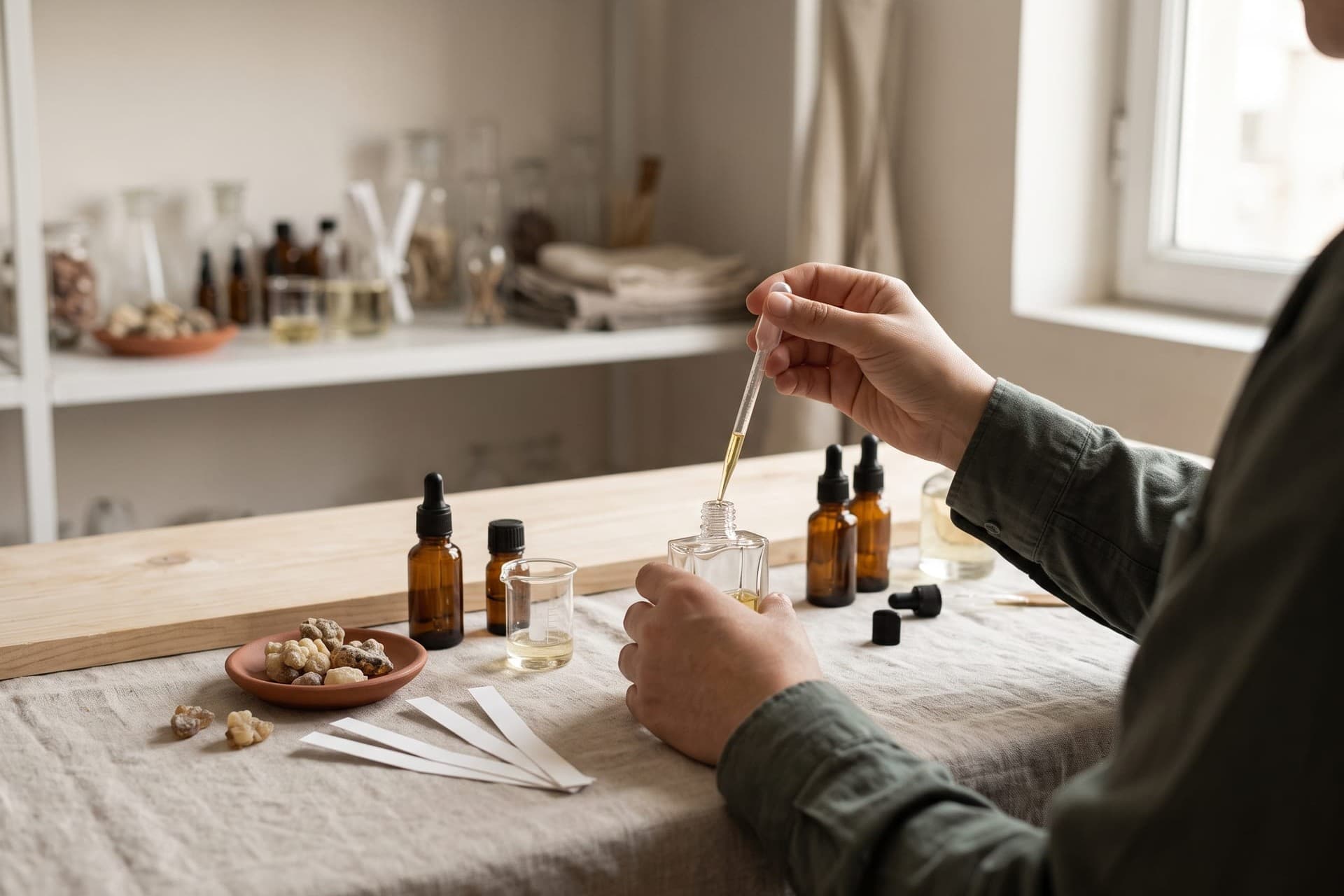 چکاندن اسانس در شیشه عطر با قطره‌چکان، کنار نوارهای تست بو
