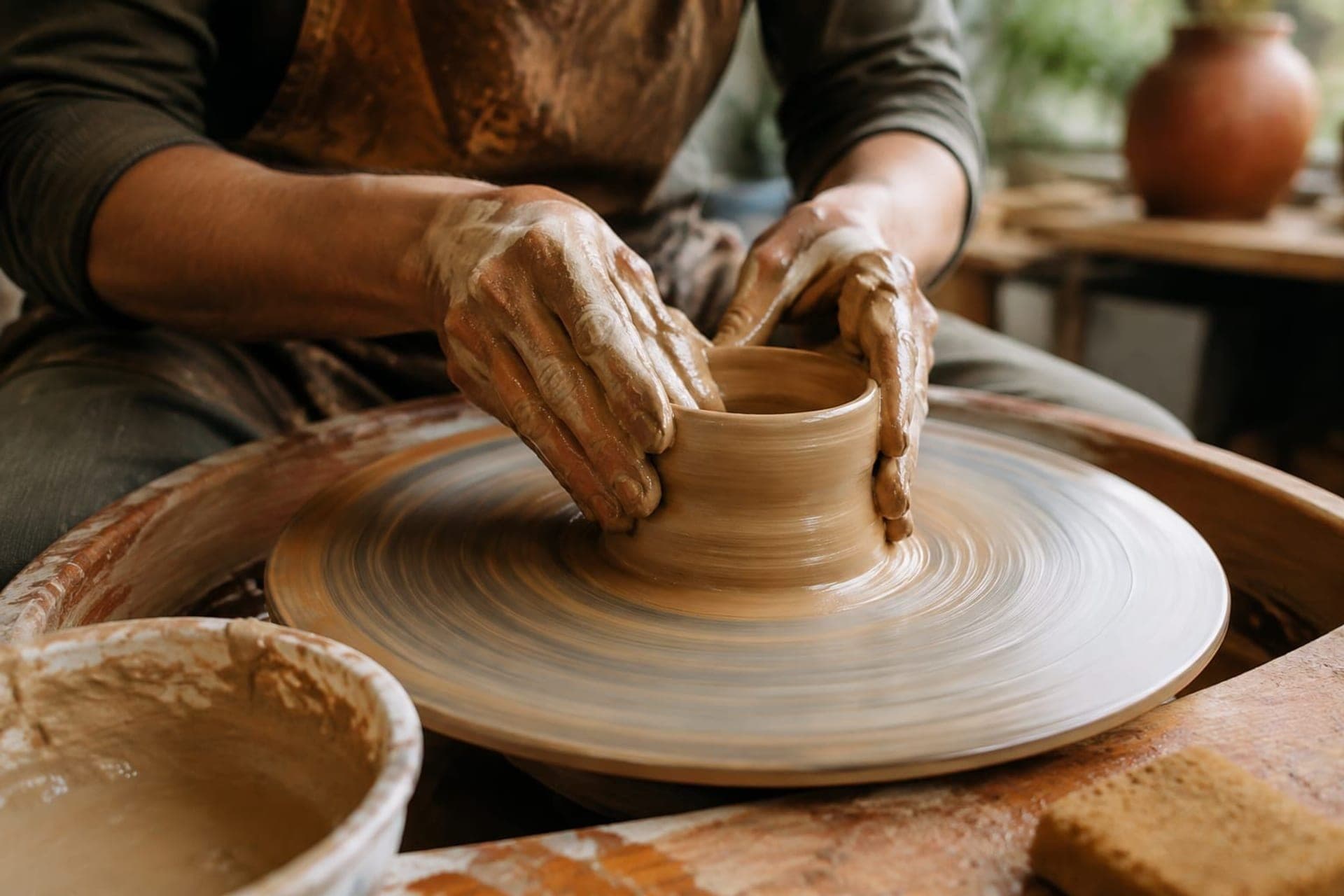 شرکت‌کنندگان در حال کار با گِل روی چرخ سفالگری