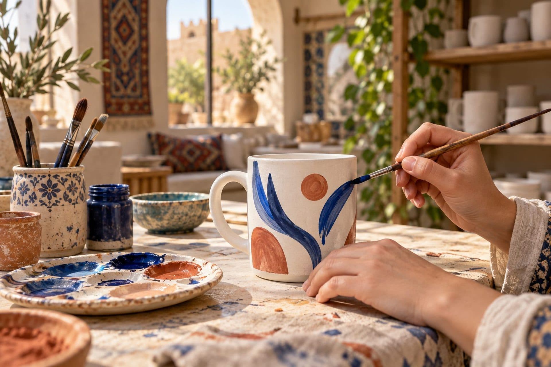 ماگ سفید در حال نقاشی روی میز سرامیک