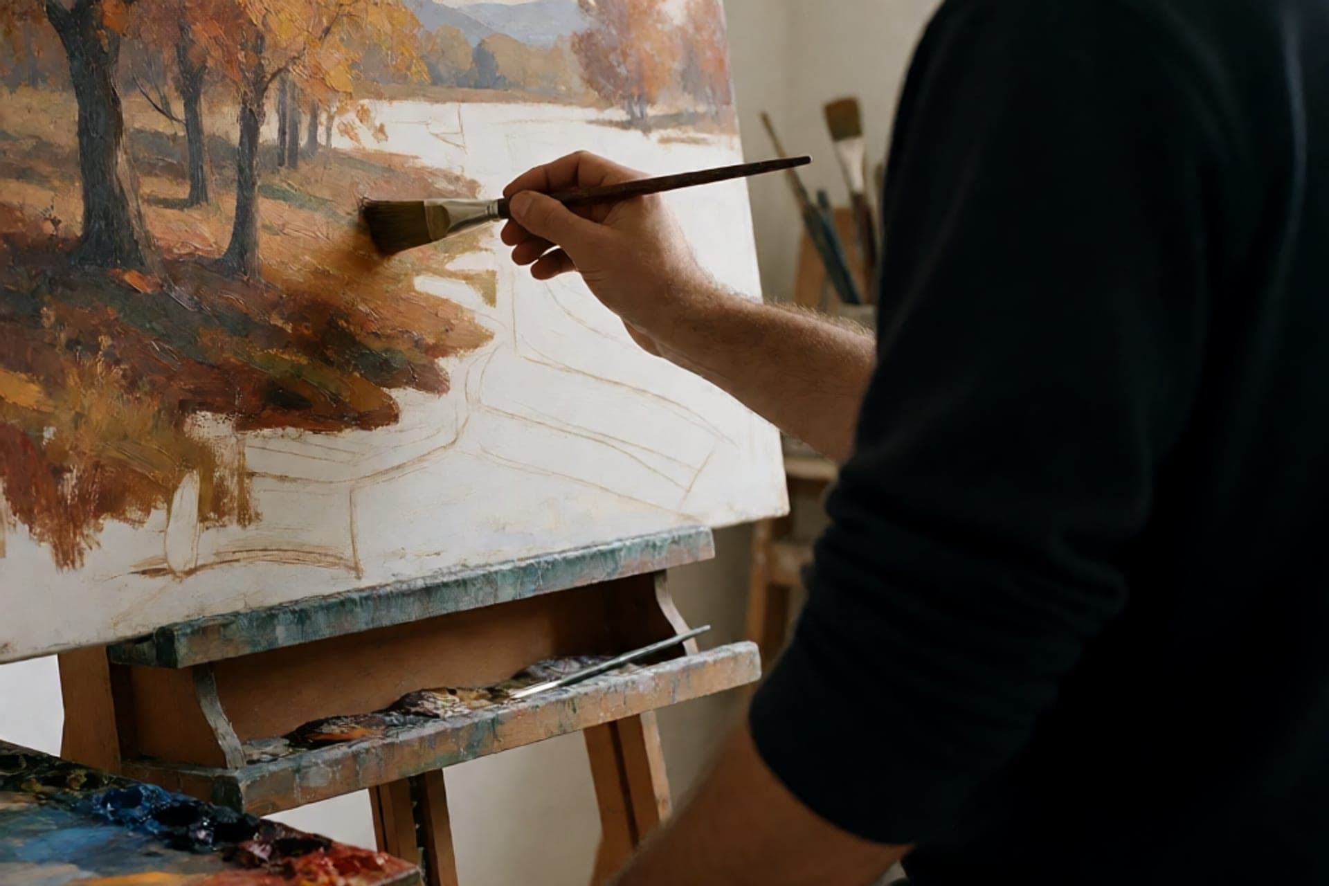 An artist painting an autumn scene on canvas in a workshop.