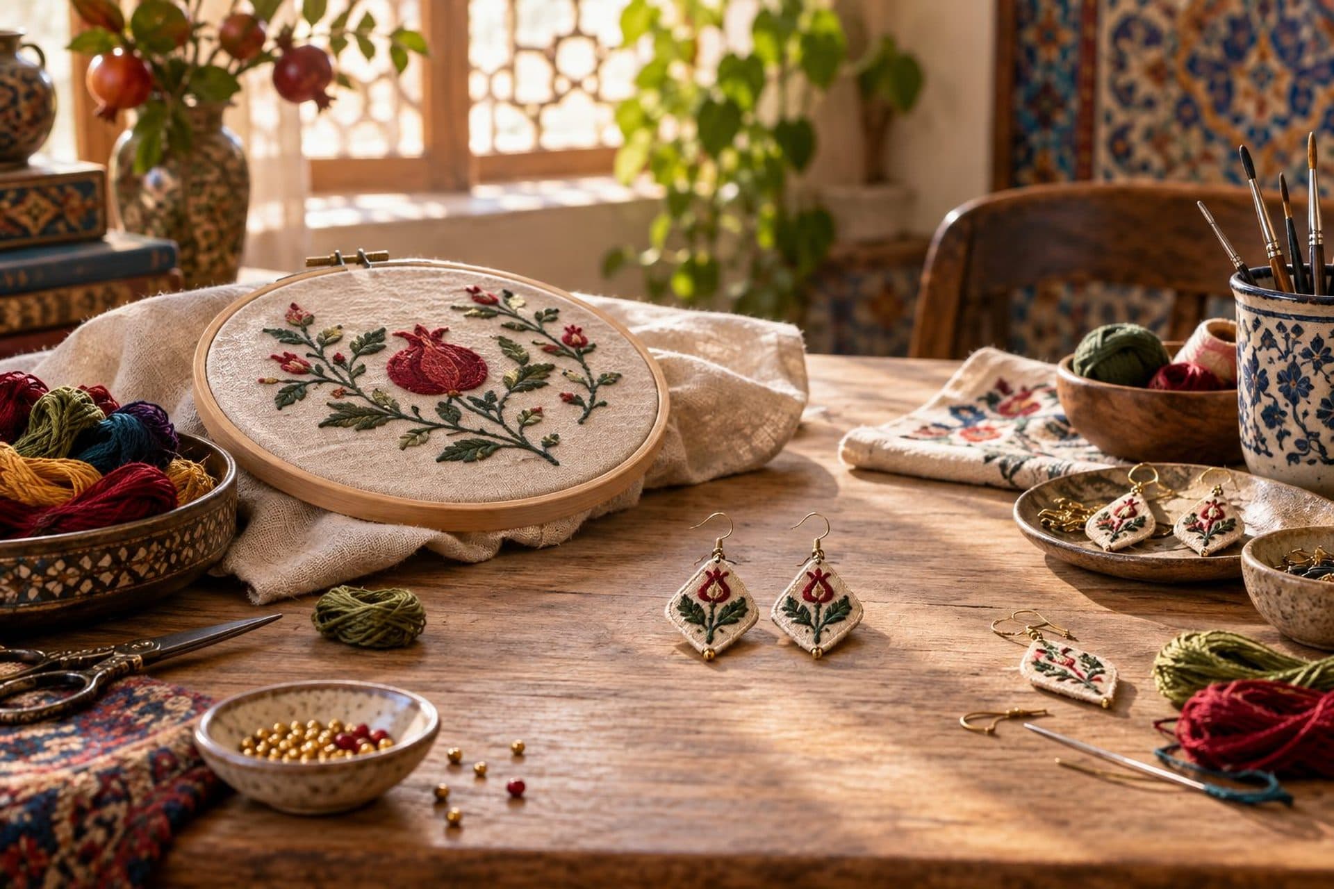 ابزار گلدوزی و گوشوارههای دستساز روی میز کار